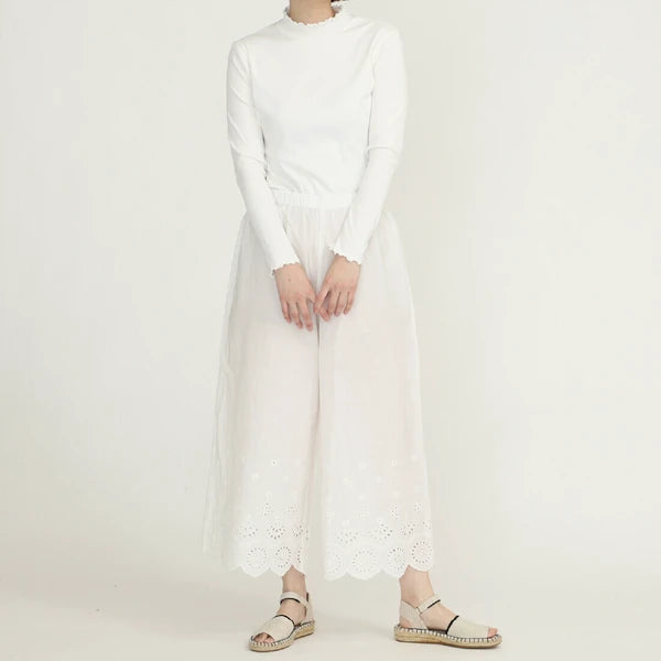 純色刺繡蕾絲花邊闊腳褲