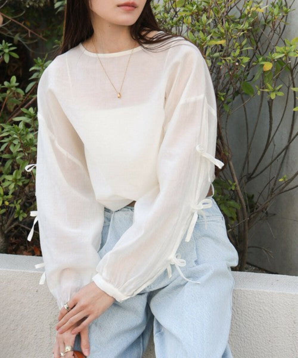 紐帶袖半透寬鬆襯衫