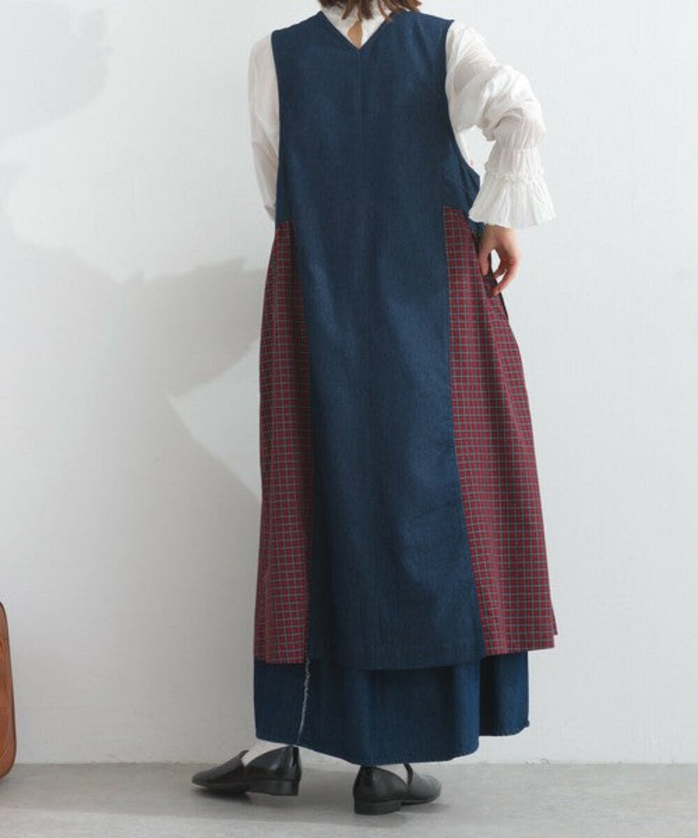 疊穿格紋拼布長款背心