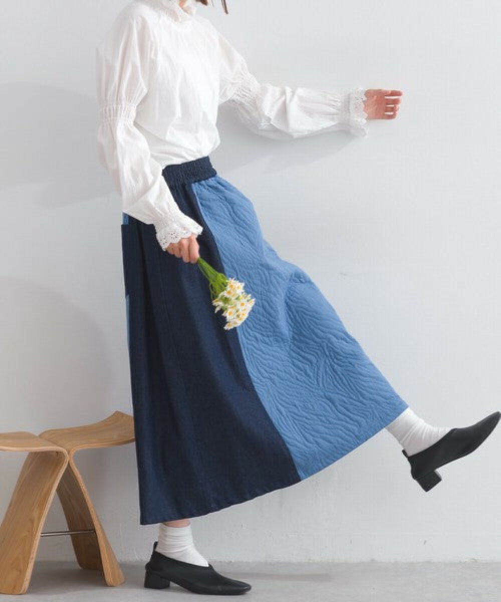 絎縫牛仔拼接半身裙