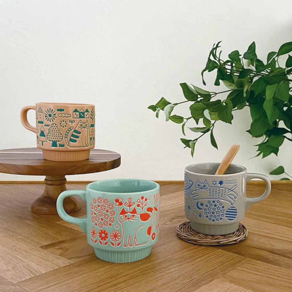 貓咪散步線條圖案馬克杯