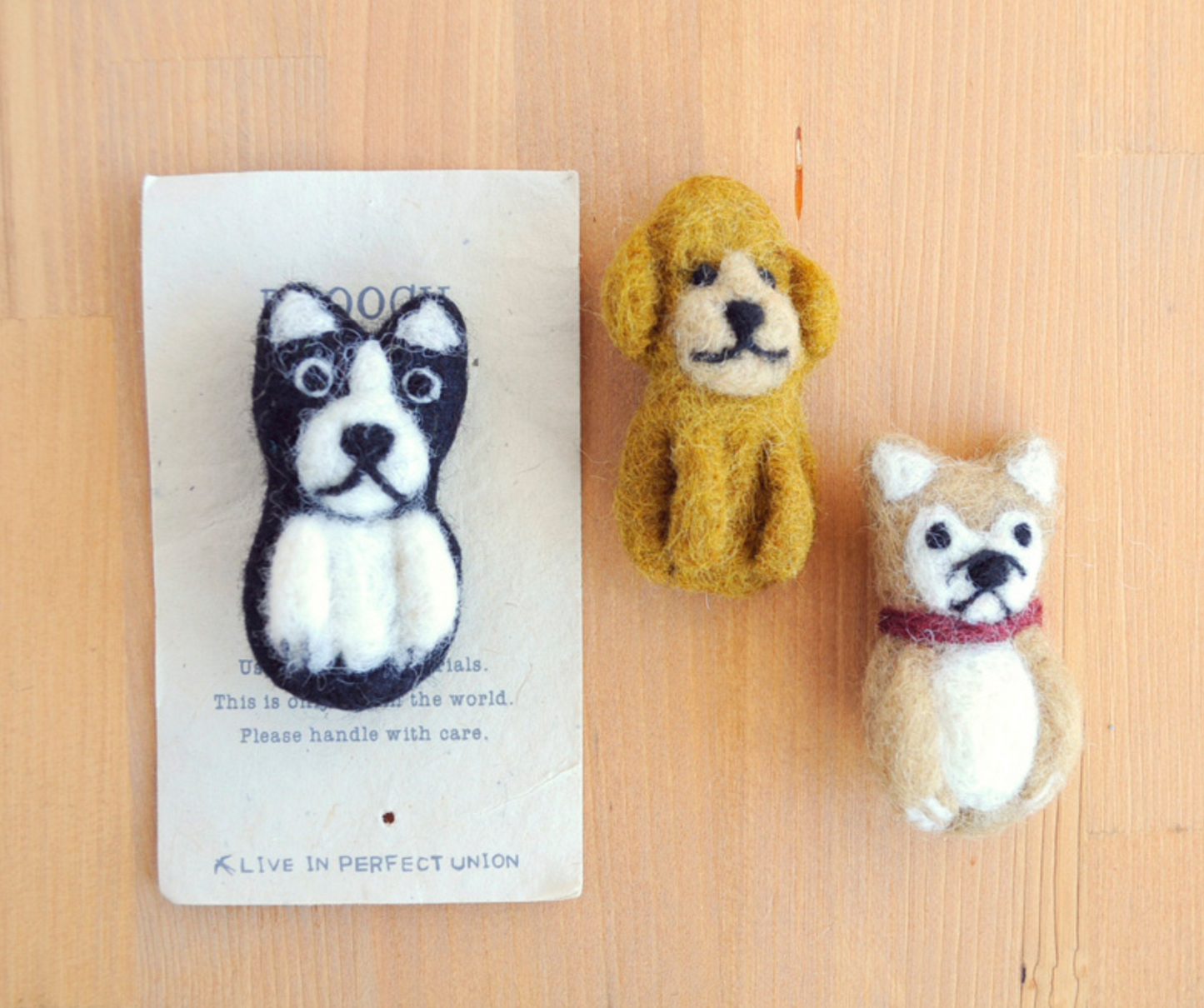 LIVE IN PERFECT UNION Cat and dog sitting wool felt brooch