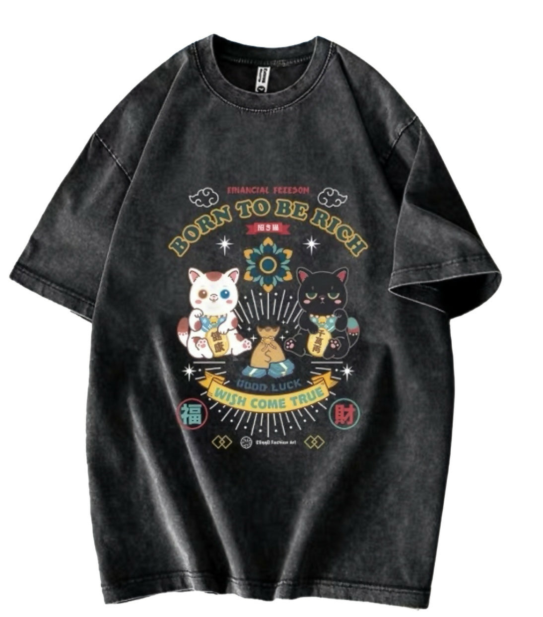 Animeowy Tee - Lucky Black and White Cat (Washed BLACK)