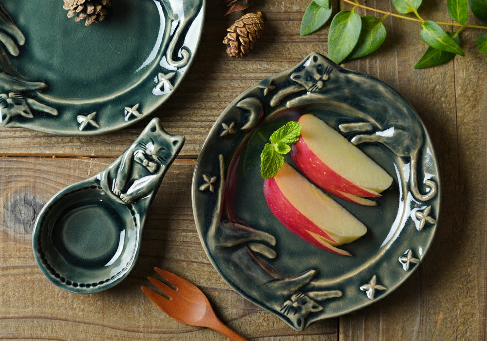 益子燒 星空貓浮雕圓碟