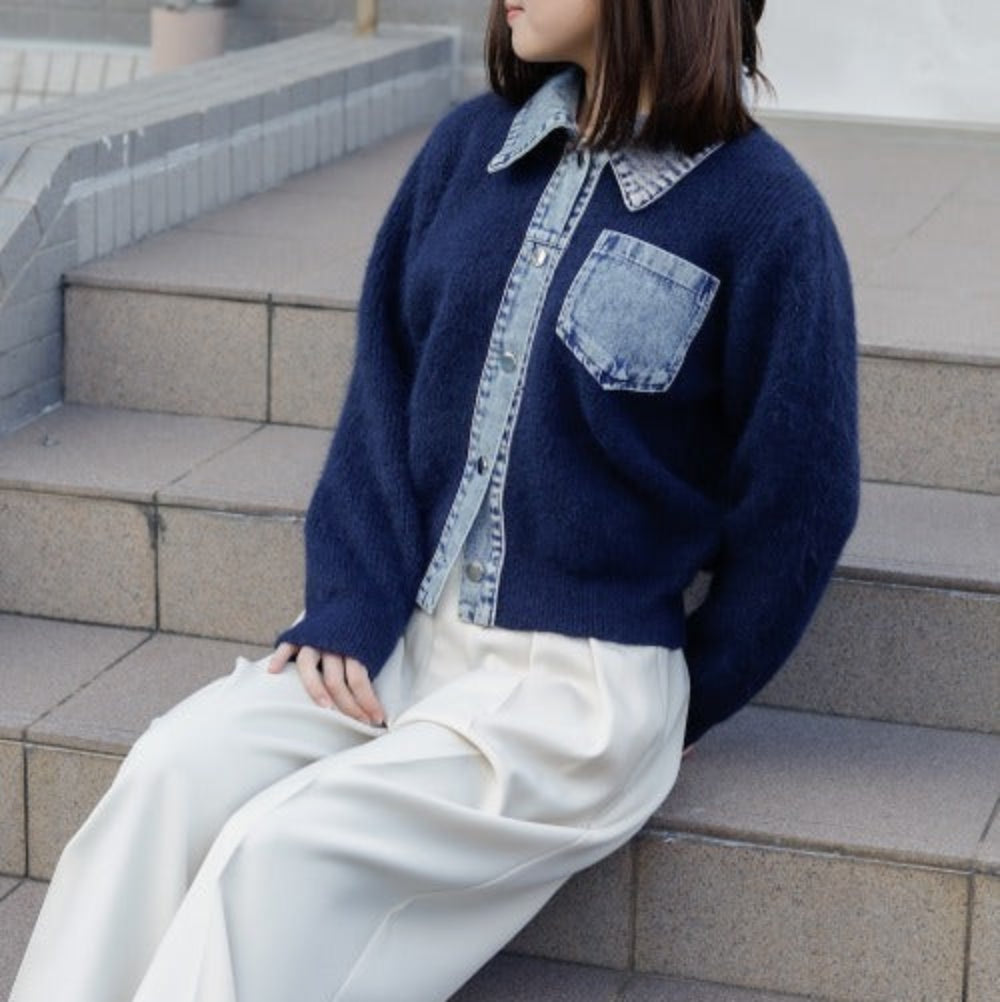 牛仔拼接針織開襟衫