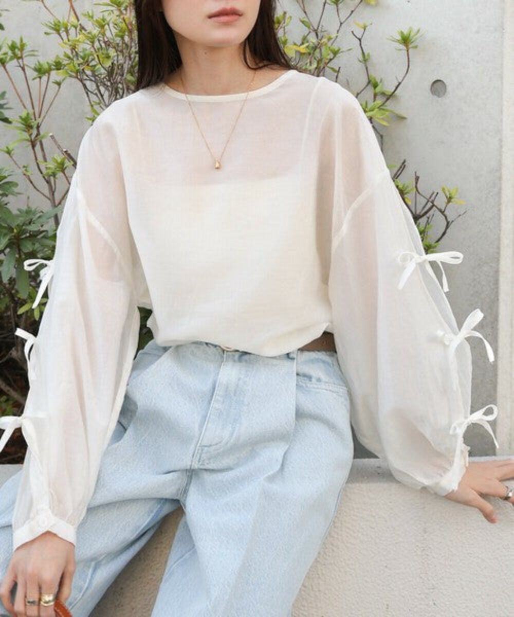 紐帶袖半透寬鬆襯衫