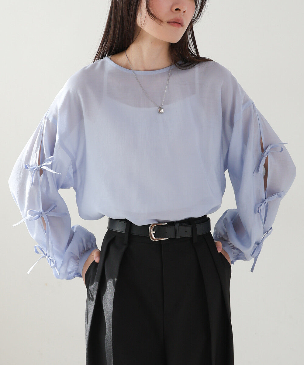 紐帶袖半透寬鬆襯衫