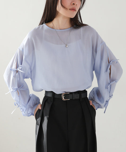 紐帶袖半透寬鬆襯衫