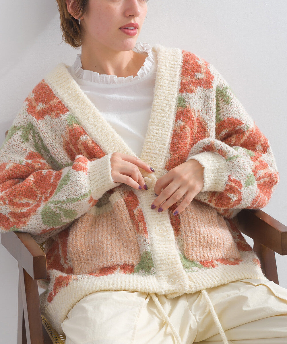 花卉圖案針織開襟外套