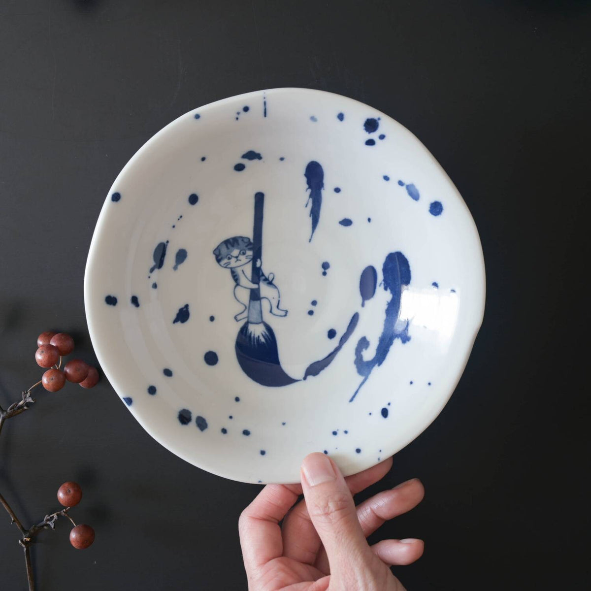 美濃燒 16.5cm浮墨貓盛菜碗