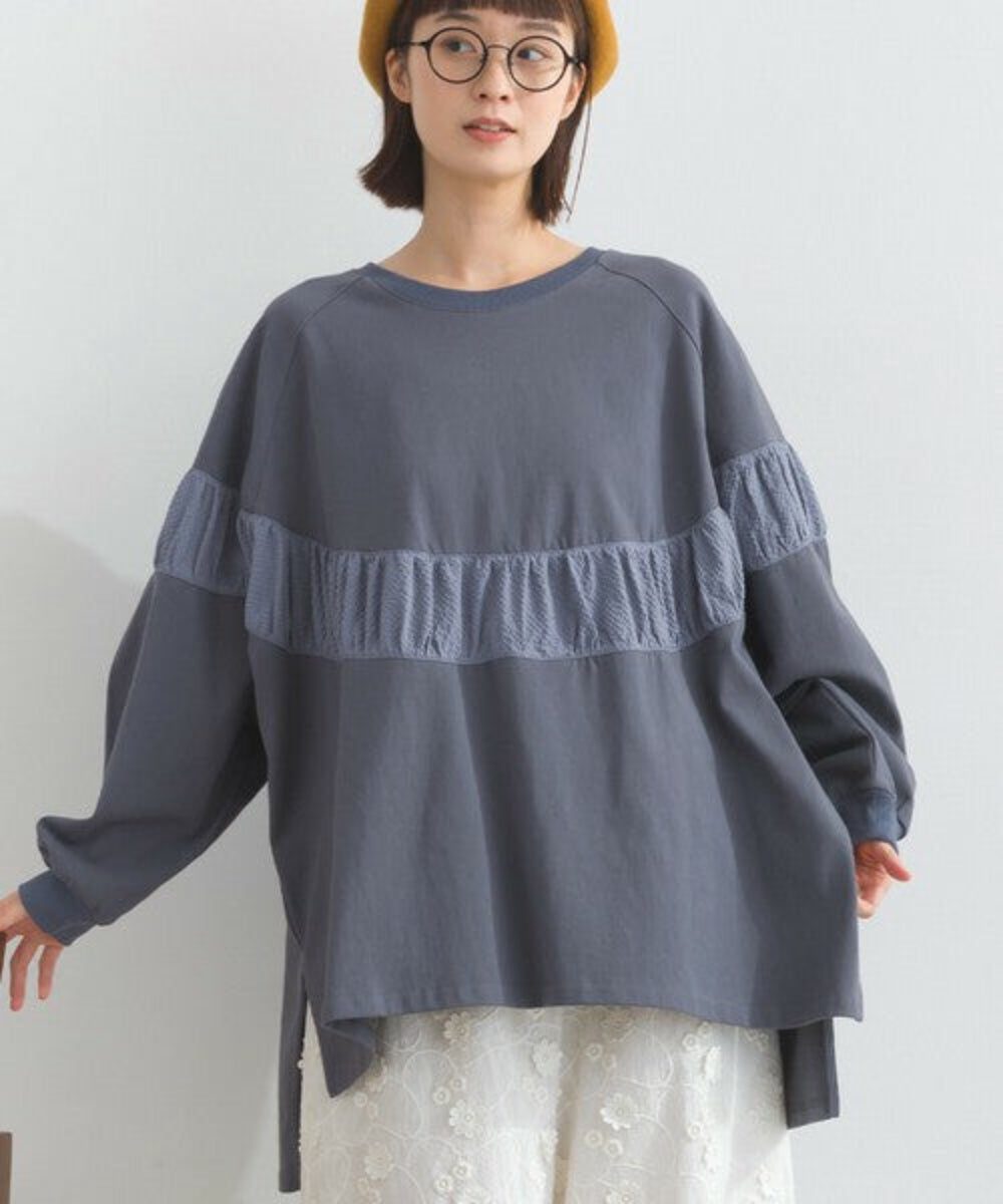 泡泡袖拼布闊身上衣