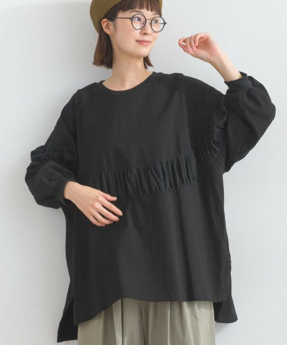 泡泡袖拼布闊身上衣