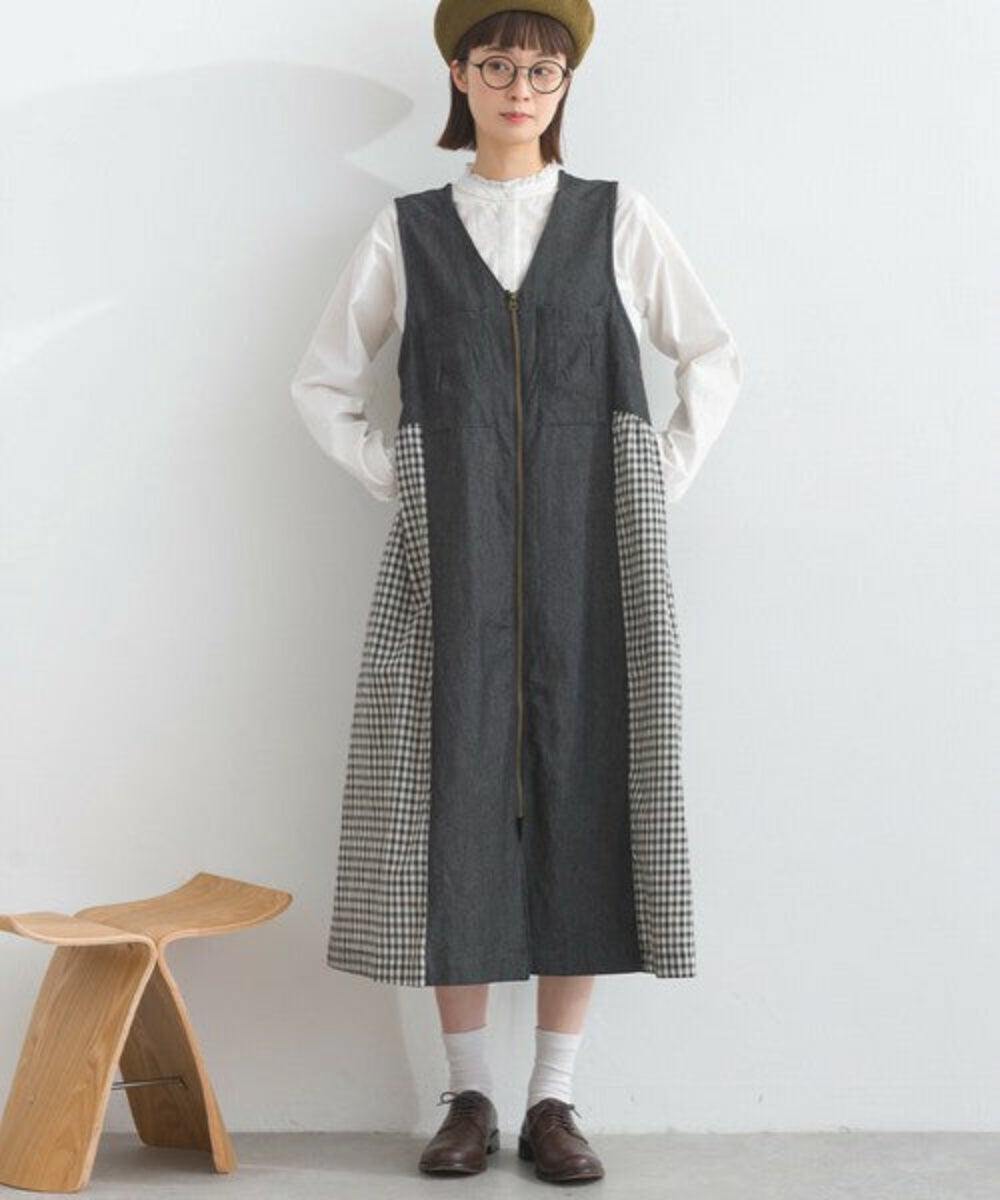 疊穿格紋拼布長款背心