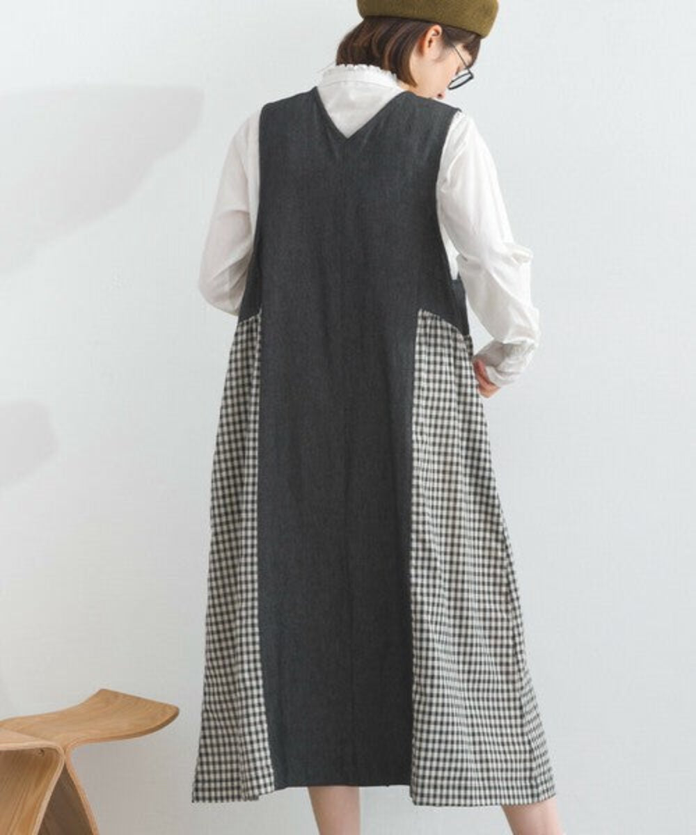 疊穿格紋拼布長款背心