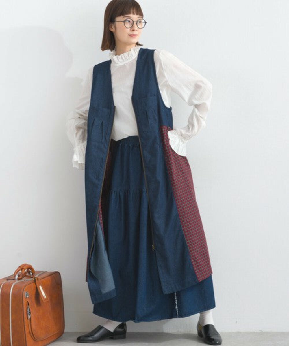 疊穿格紋拼布長款背心