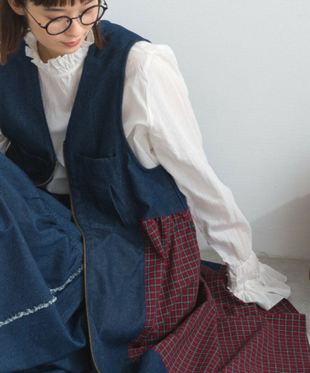 疊穿格紋拼布長款背心