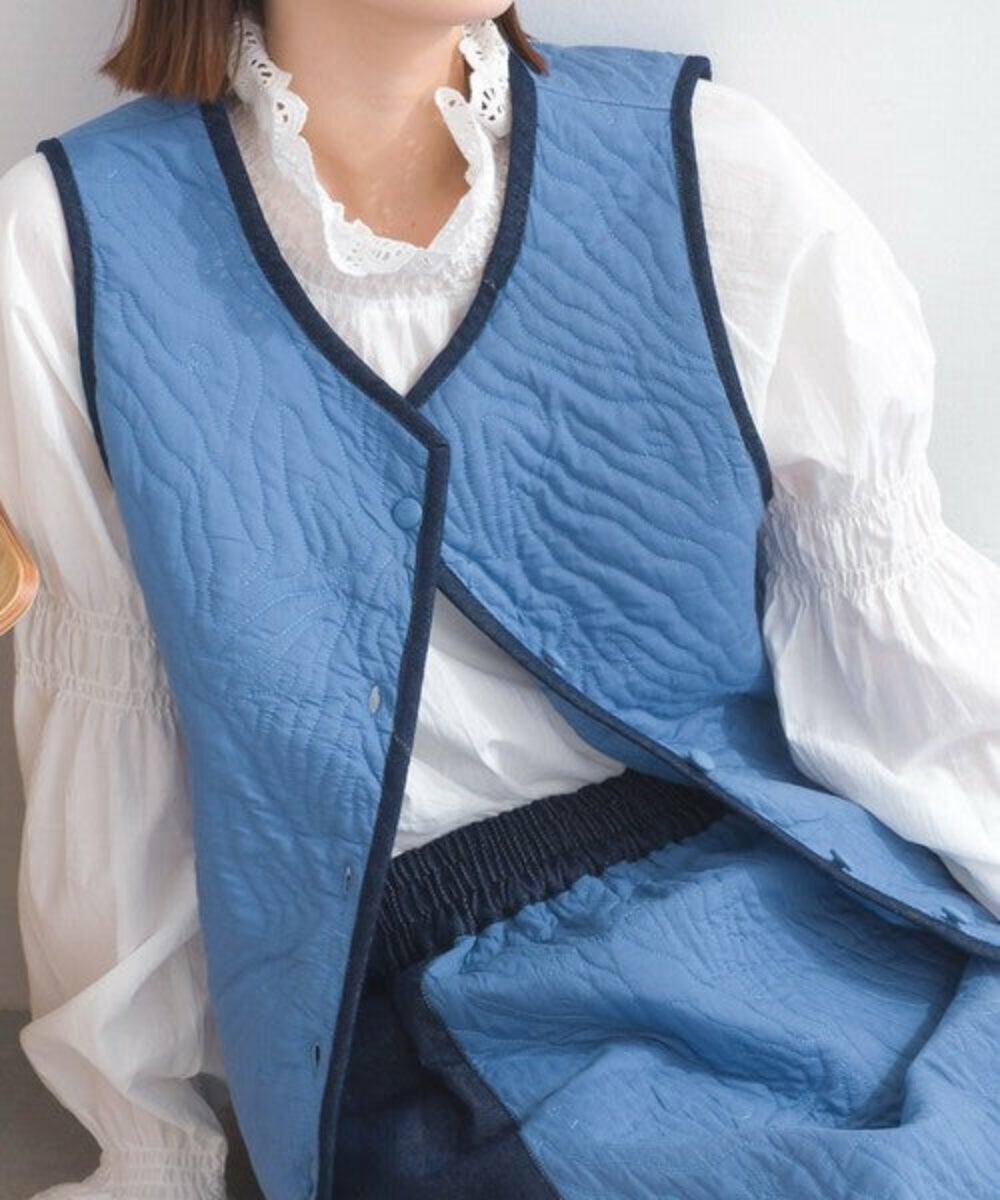 絎縫牛仔滾邊中長款背心