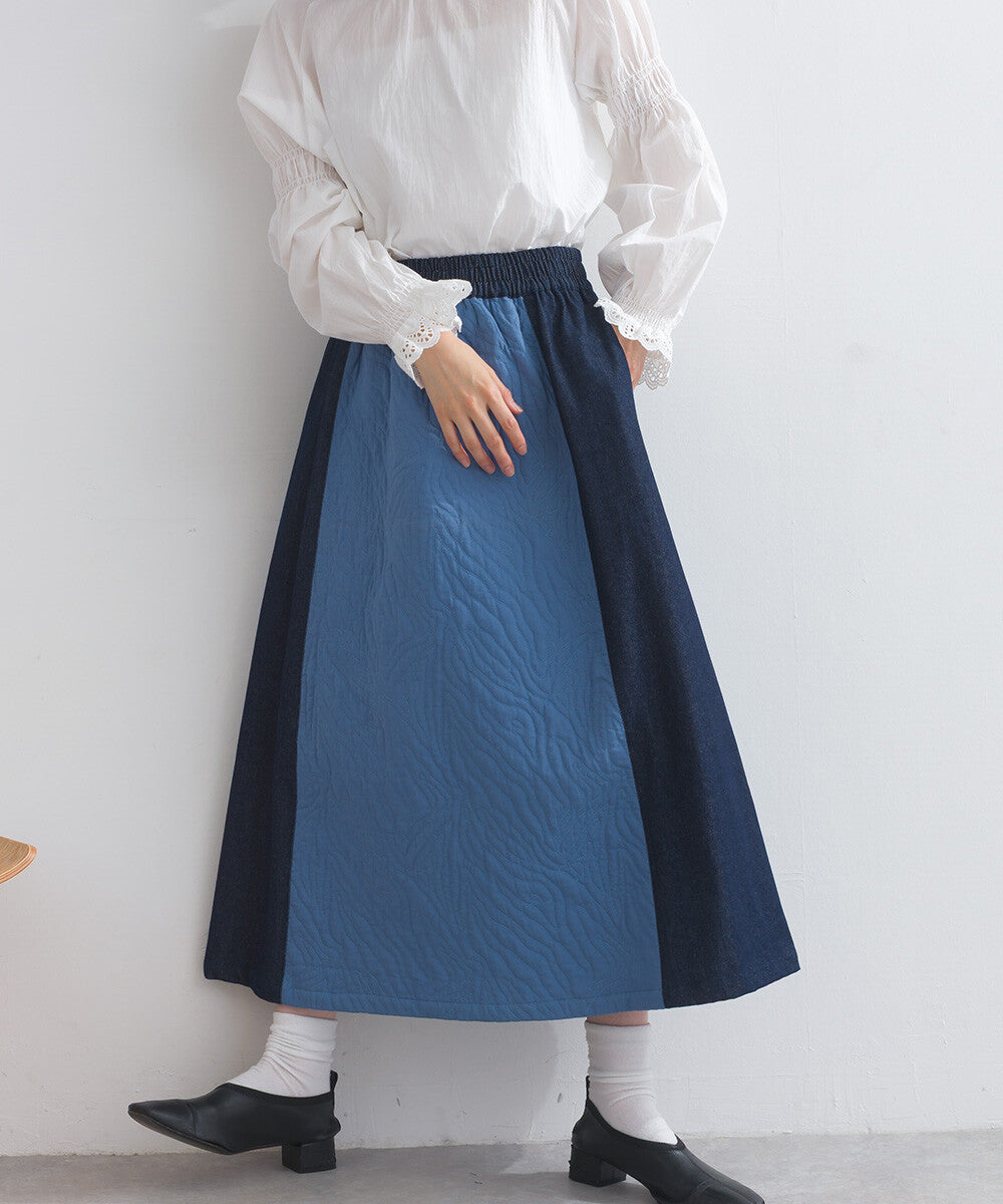 絎縫牛仔拼接半身裙