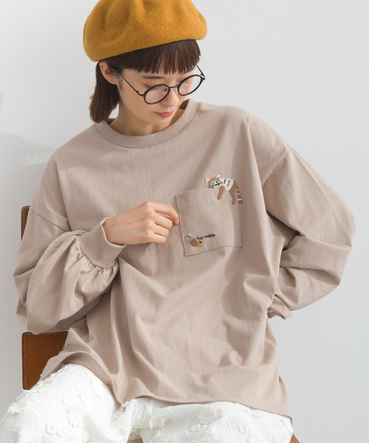 口袋動物圖案長袖 T-shirt