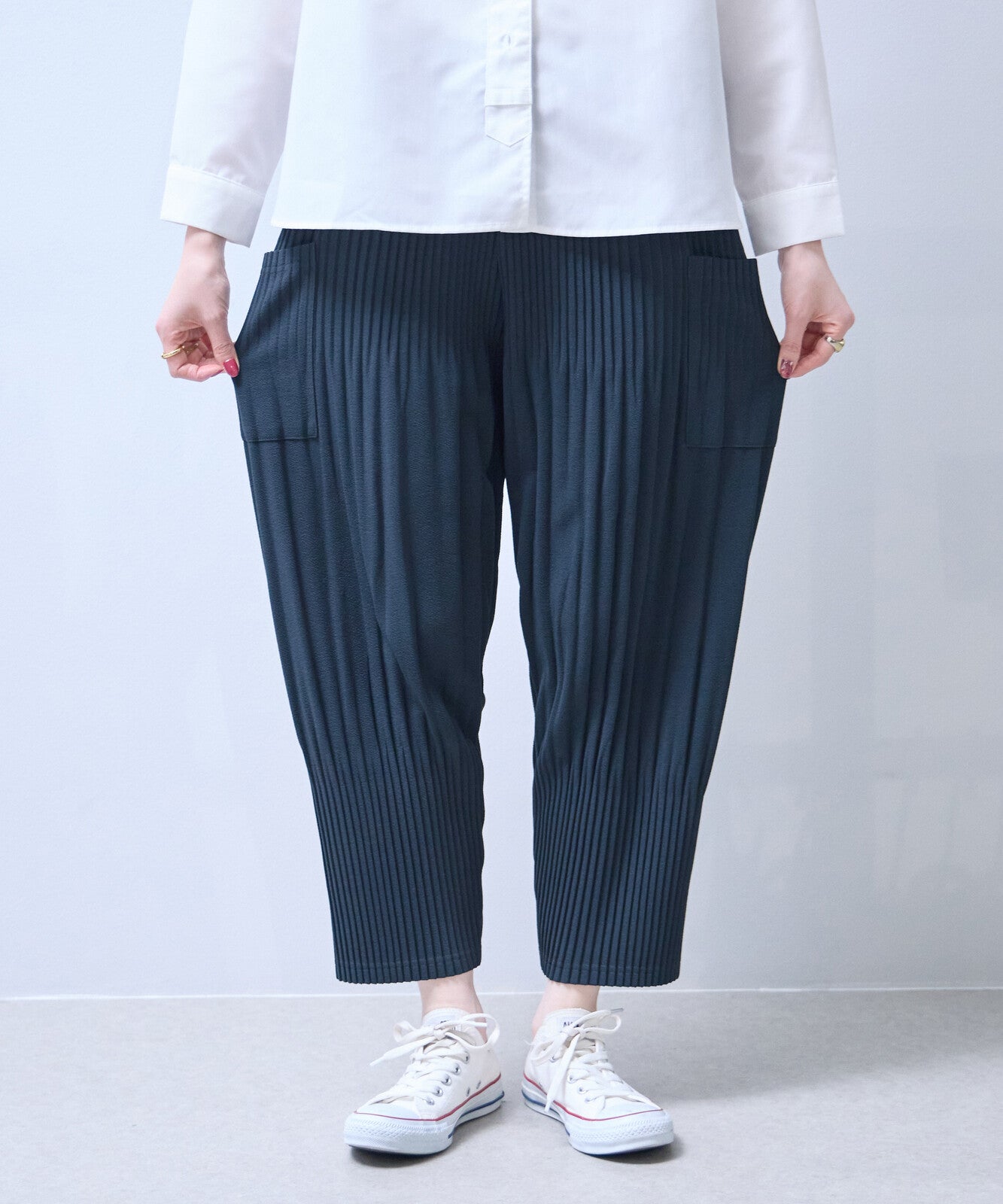 柔軟褶襉寬鬆七分褲