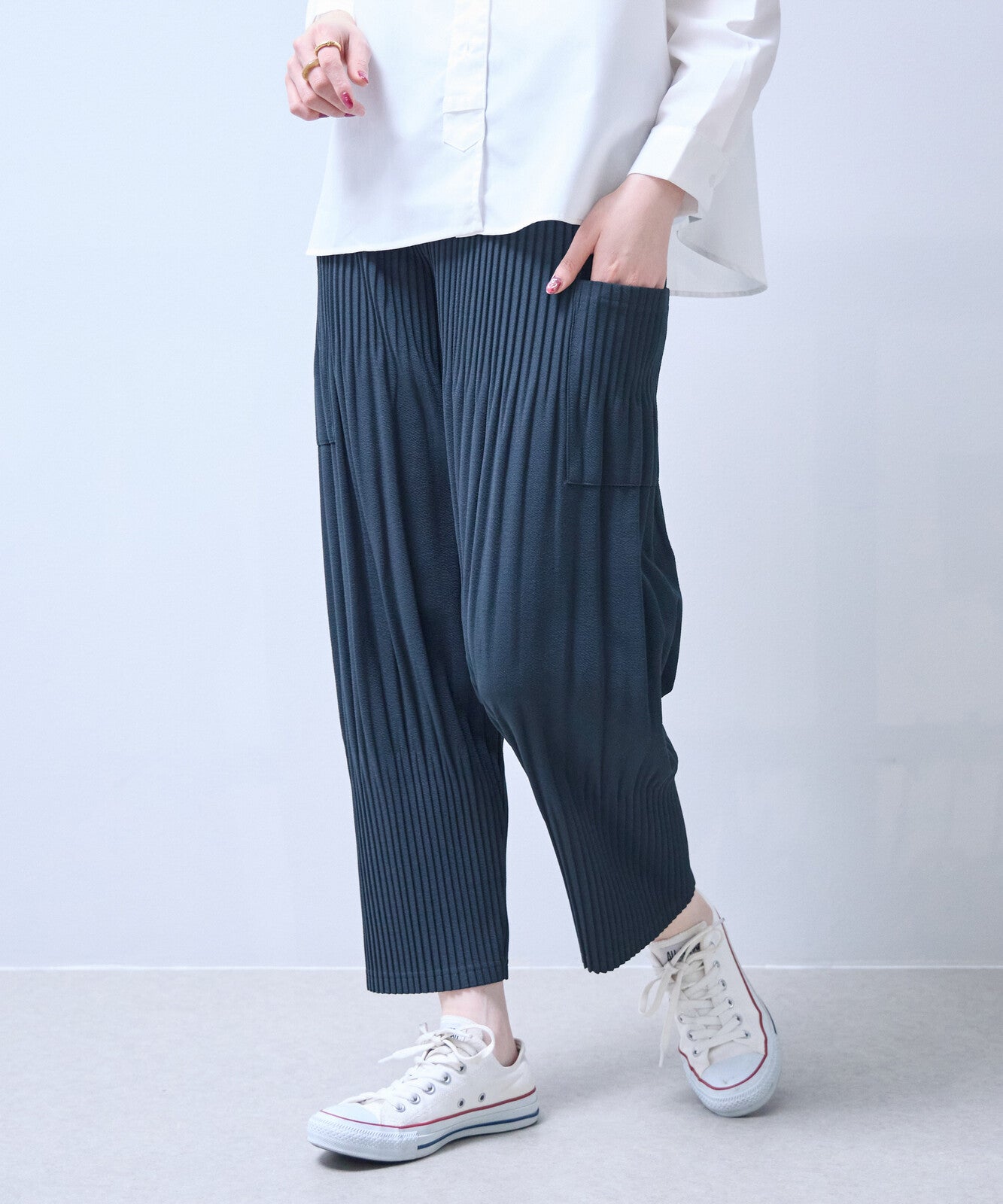 柔軟褶襉寬鬆七分褲