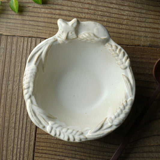 益子燒 狐狸與麥穗浮雕配菜碗