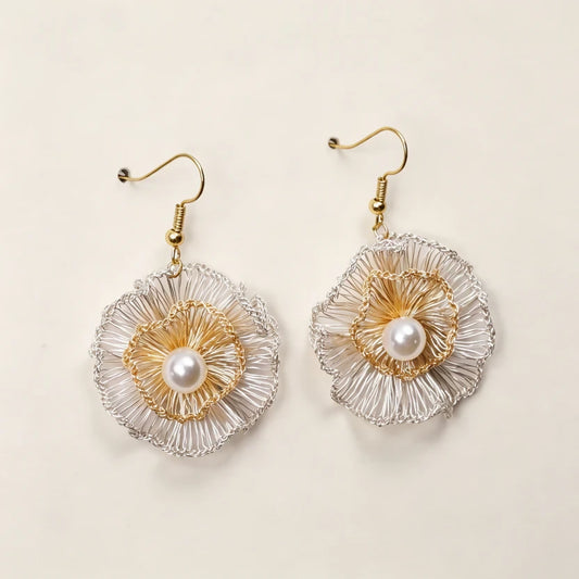 [Flower Shadow Pearl 6mm-Silver and Gold 3cm] Embroidered Earrings(dangling style)