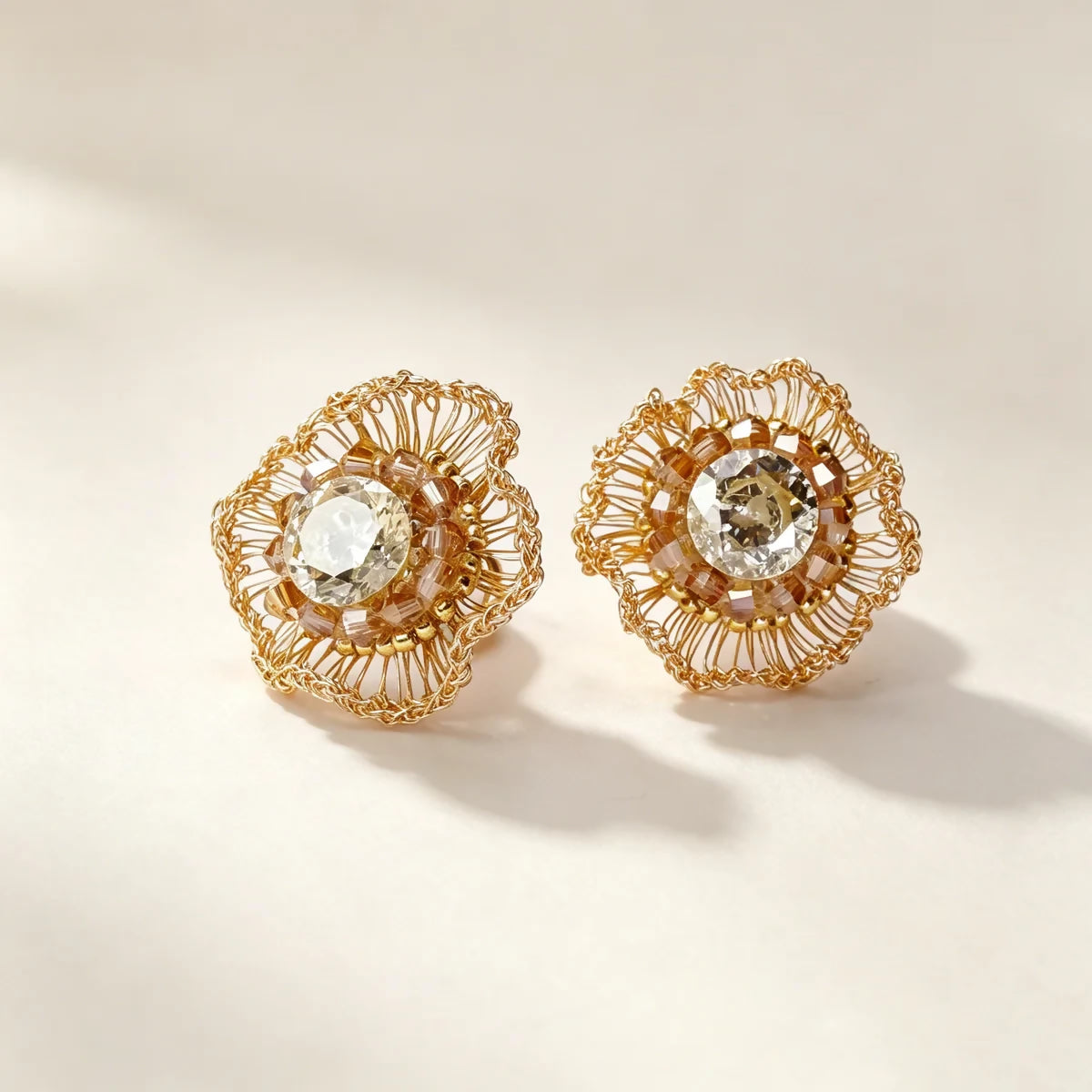 [Flower Shadow Rhinestones 8mm-Gold 2cm] Embroidered Earrings