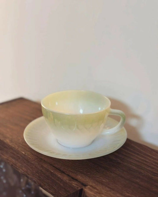 Federal Glass Cup & Saucer Set: Moonglow Green Iridescent