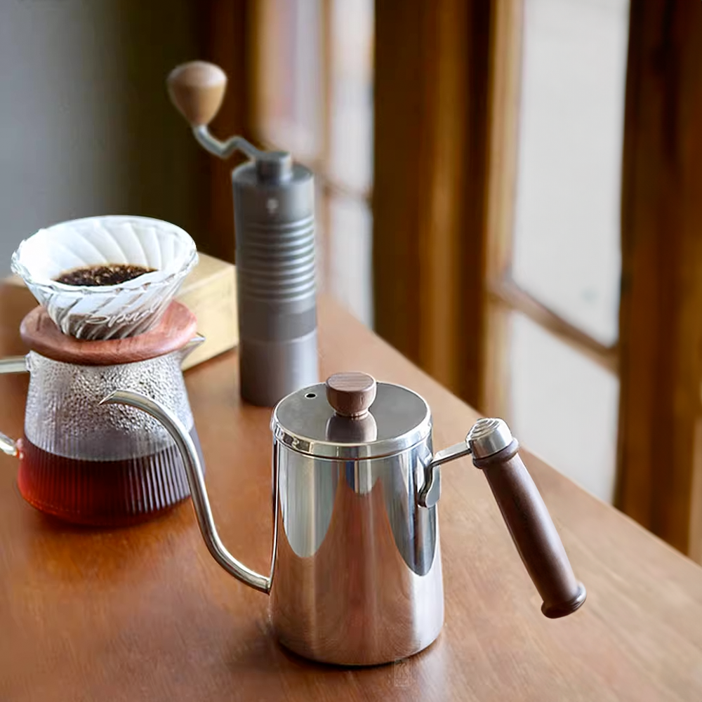 Japanese style hand brewed coffee pot with wooden handle