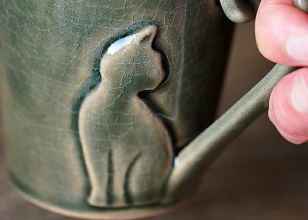 益子燒 貓尾把手杯