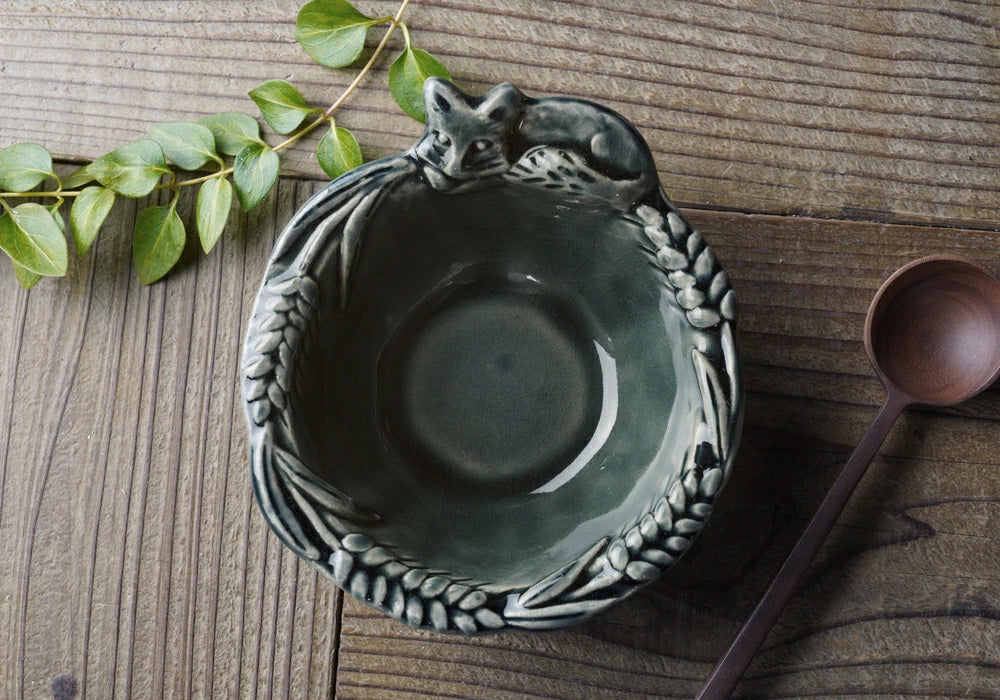 益子燒 狐狸與麥穗浮雕配菜碗