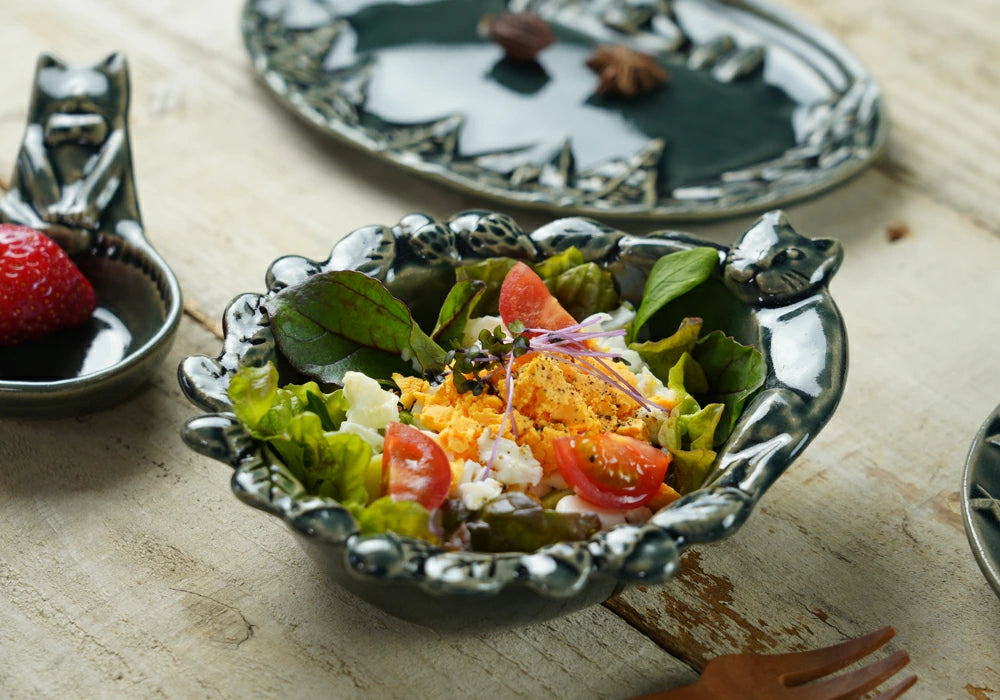 益子燒 貓咪與橡果浮雕配菜碗