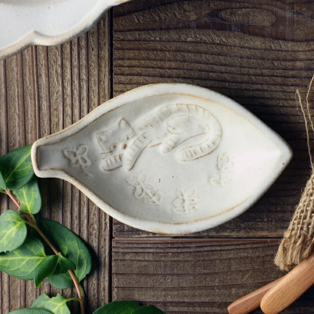 益子燒 葉形貓咪圖案小皿