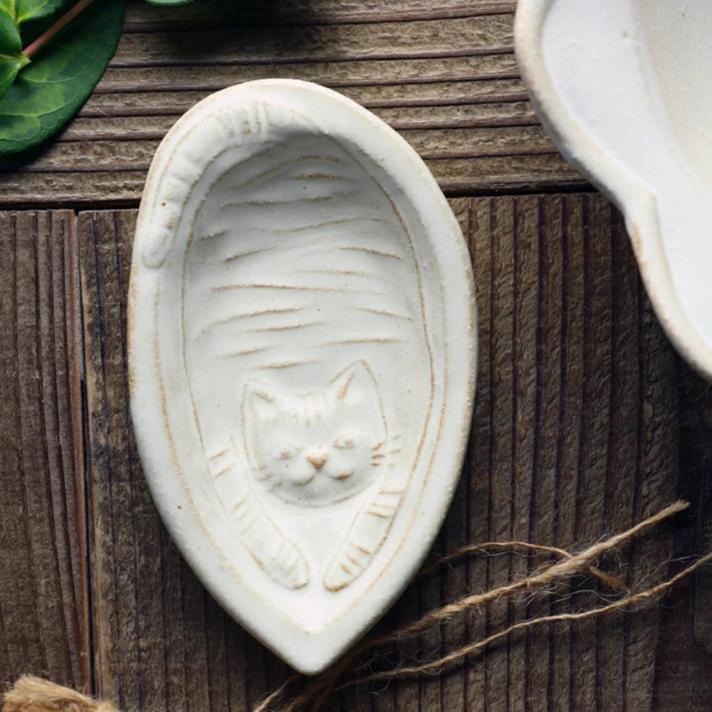 益子燒 水滴形貓咪圖案小皿