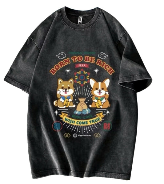 Doggo Tee - Lucky Corgi and Shiba (Washed BLACK)