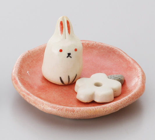 兔仔與花陶瓷線香座